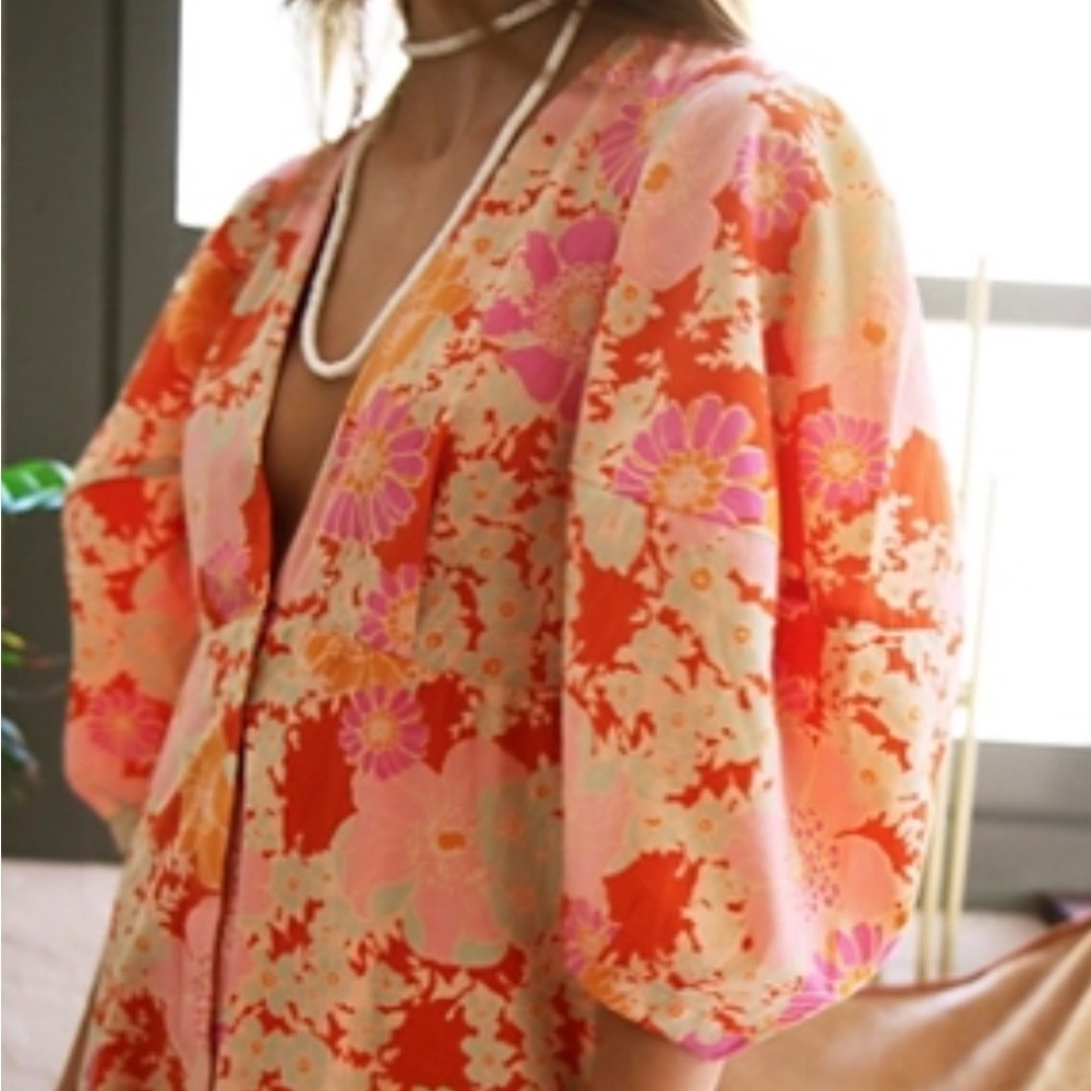 free people lydia  Printed dress M  floral button puff sleeve - Picture 3 of 4